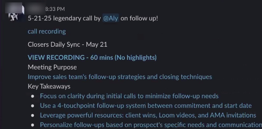 Internal sales channel — legendary follow-up call by Aly